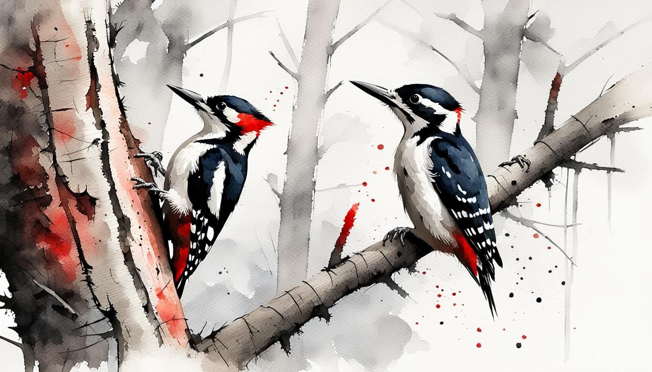 Serene Melody: Woodpeckers Amongst the Forest Hues