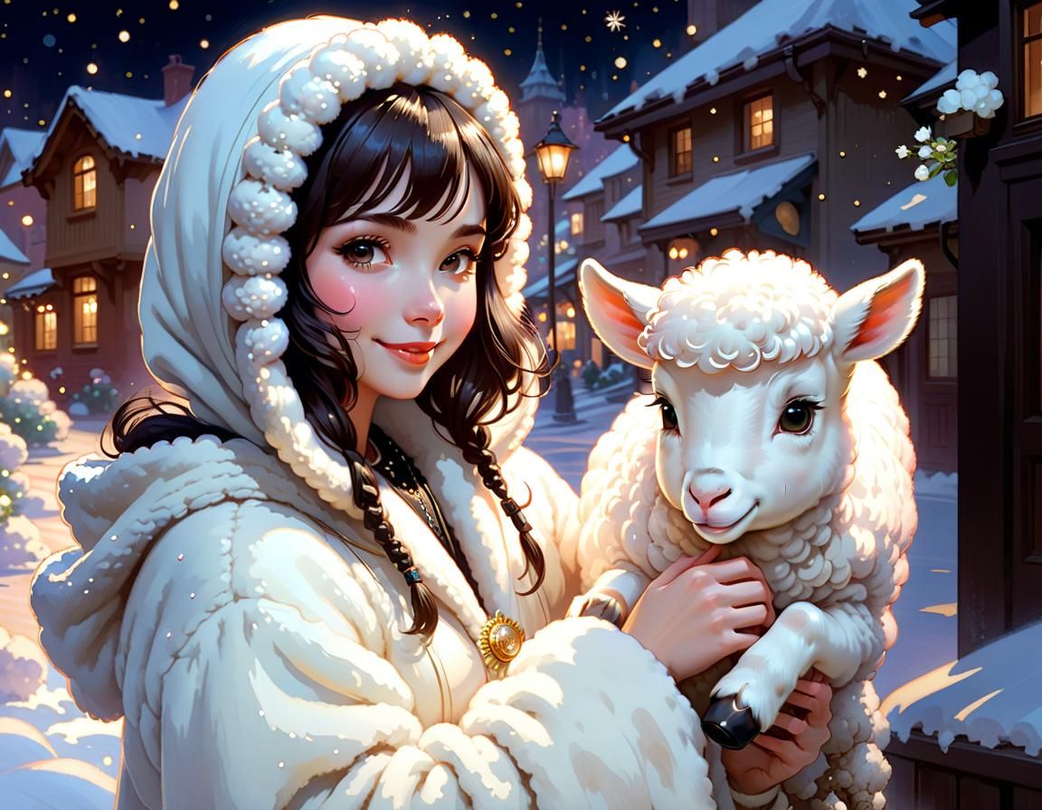Mary and Lamb in Magical Town, Digital Art