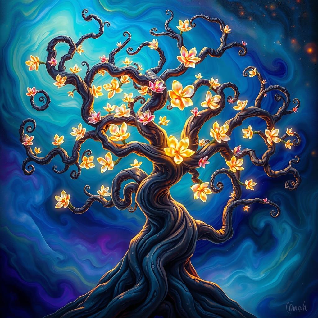 Enchanted Tree with Octopus-Like Branches and Glowing Flower...