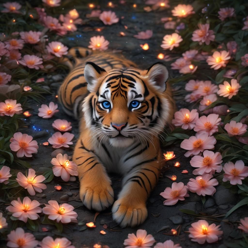 Adorable Tiger in Magical Garden: Digital Art