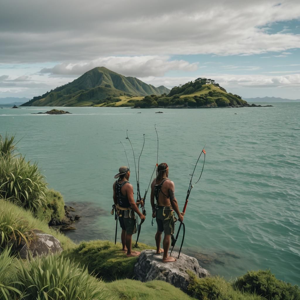 Maori Spearfishermen on a Pacific Island Horizon