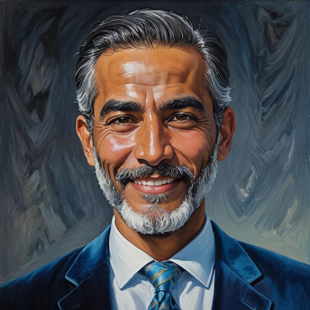 Smiling Man in Blue Velvet Suit, Neo-Impressionist Oil Paint...