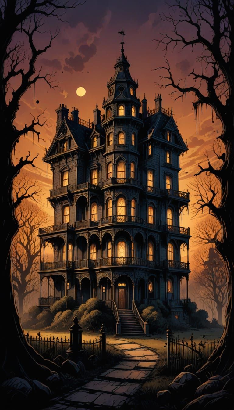 Haunted Mansion Ink Drawing in Retro Horror Style