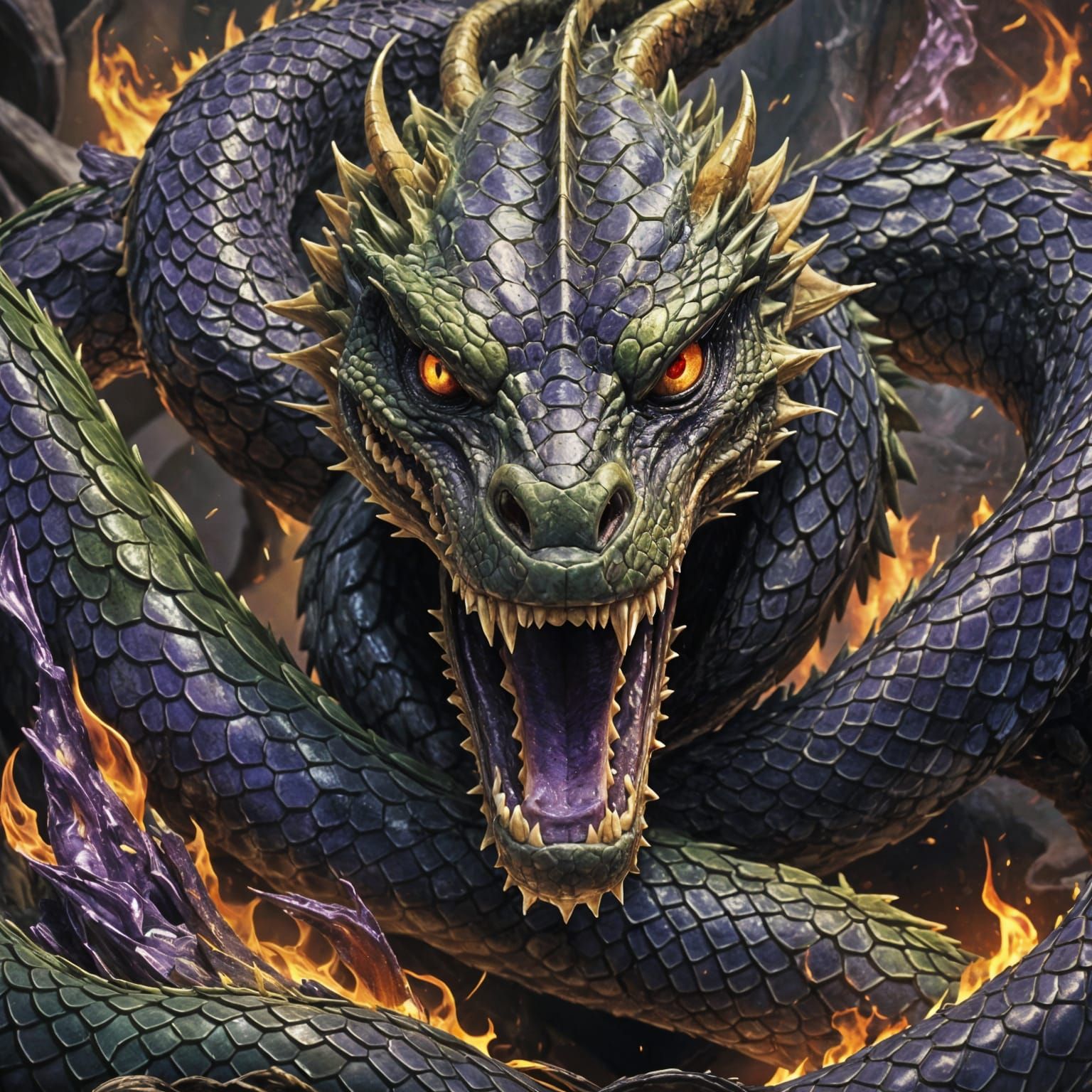 Detailed Dragon-Snake Portrait with Fiery Veins
