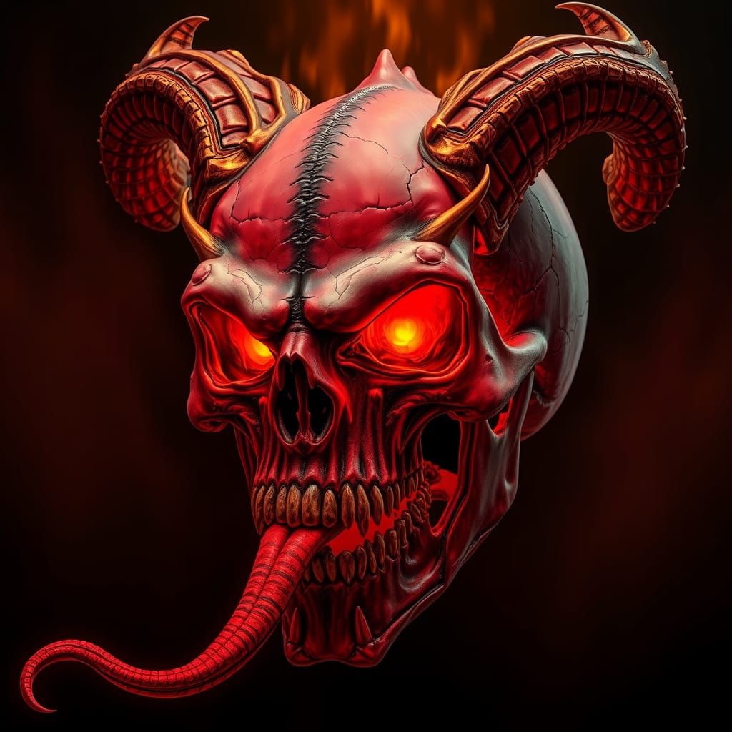 Demonic Skull with Glowing Skin and Golden Horns
