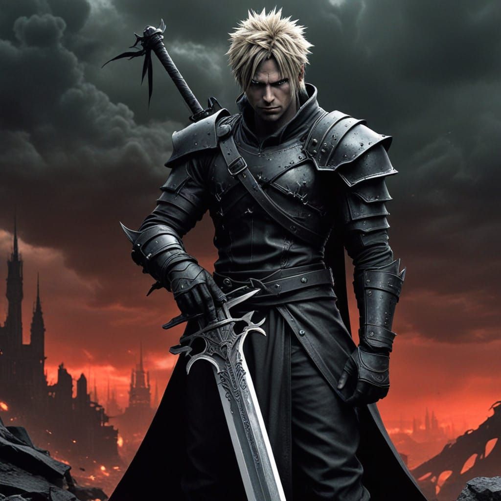 Tormented Cloud Strife in Macabre Cyberpunk Style