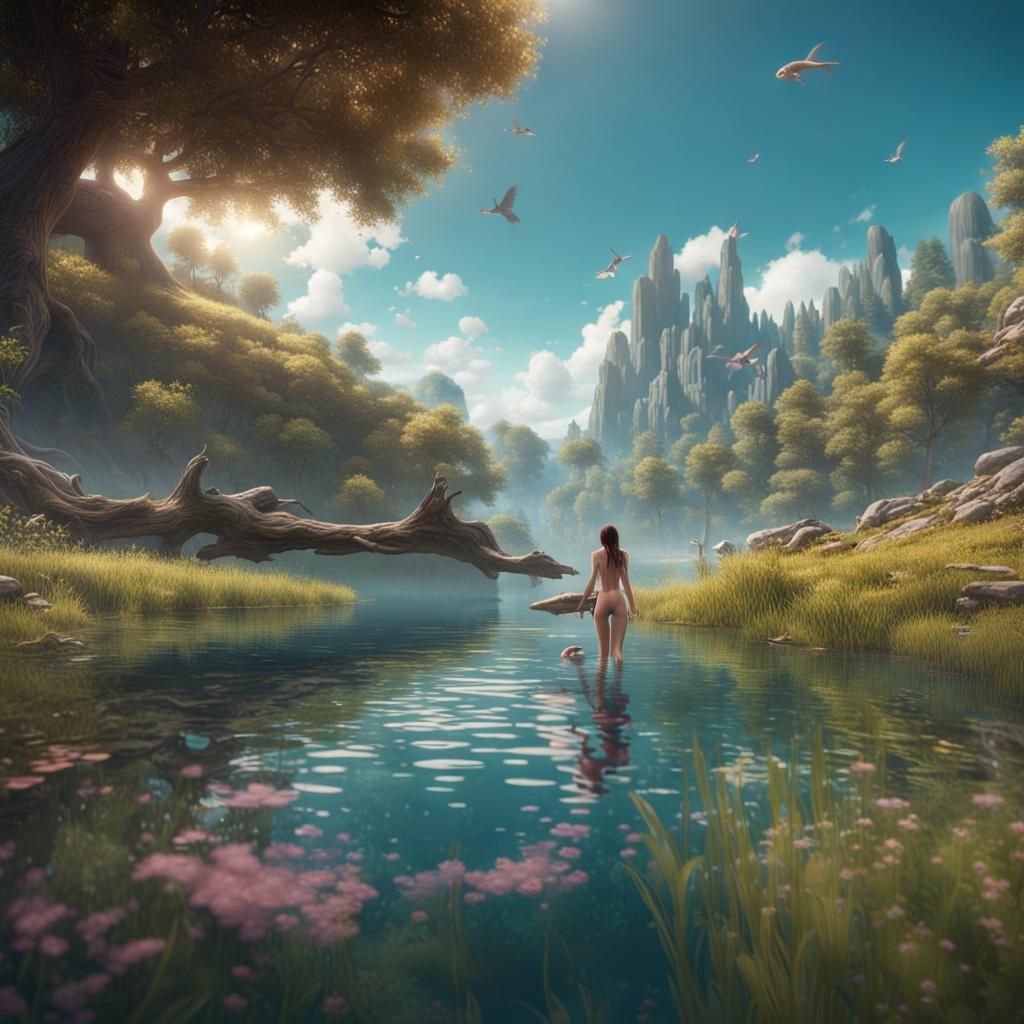 Idyllic Lake Meadow Scene in Detailed Fantasy Art