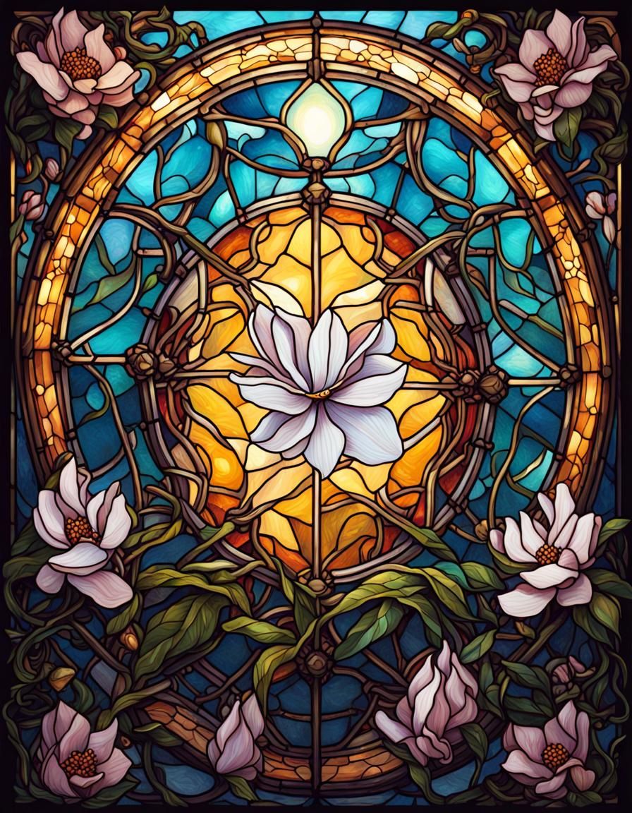 Stained Glass Magnolia Flower in Tarot Card Style