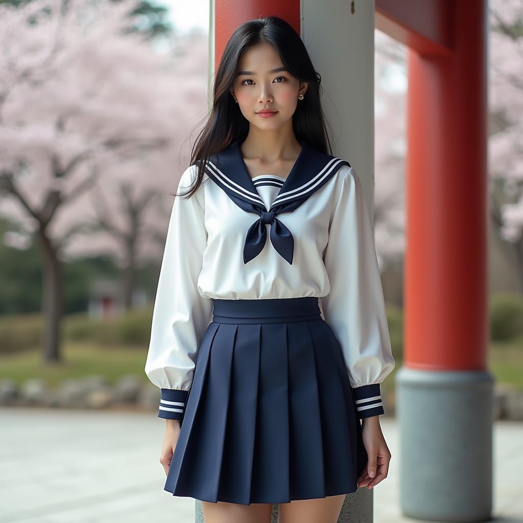 Young Woman in Japanese Sailor Uniform at Shrine