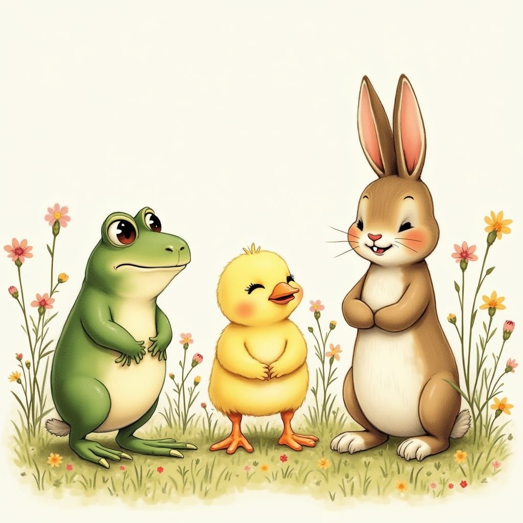 Surprised Frog, Grumpy Chick, Laughing Bunny in Watercolor
