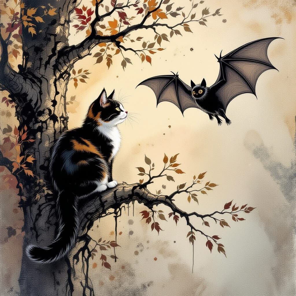 Whimsical Cat Encounters Bat in Detailed Ink Painting