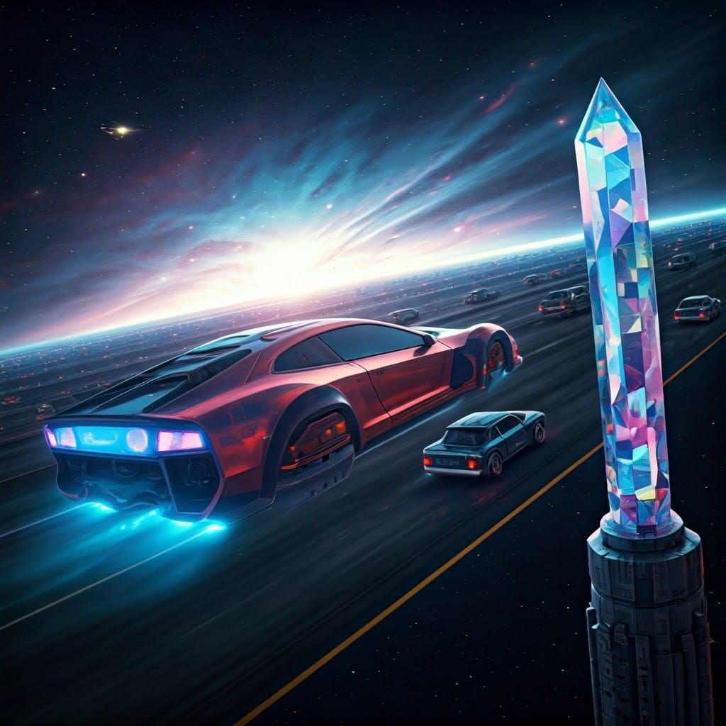 Futuristic Neon Flying Car Stuck in Space Traffic
