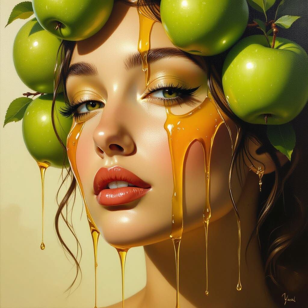 Woman's Face of Green Apples with Honey Drips, Hyperrealisti...