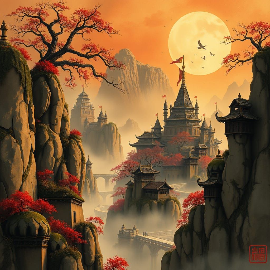 Surreal Medieval Japanese Ink Landscape at Golden Hour