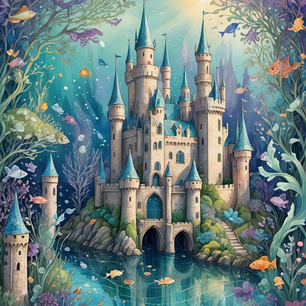 Underwater Fantasy Castle Illustration in William Morris Sty...