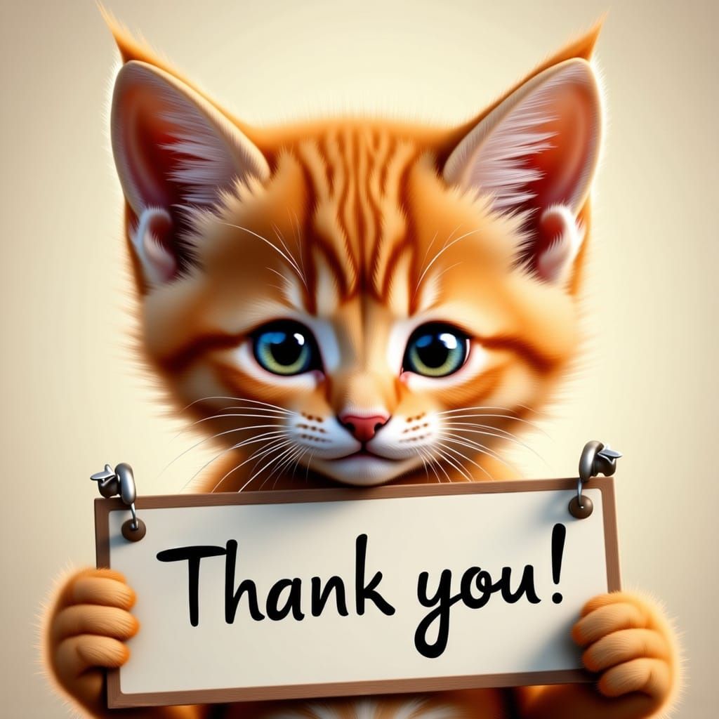 Cute Ginger Kitten Holds Thank You Sign in 3D Style