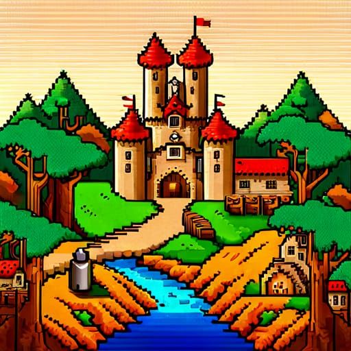 Medieval Castle on Hill in 16-bit Pixel Art