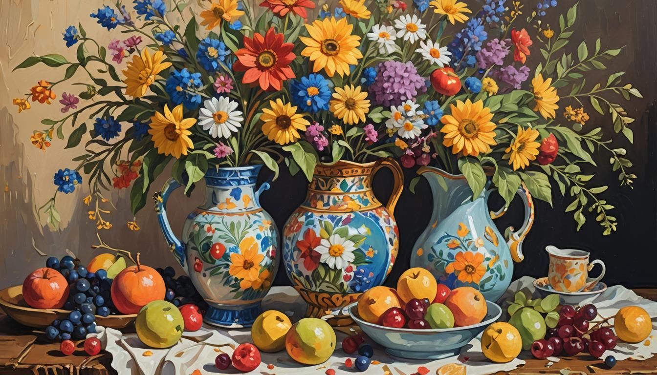 Impressionist Still Life with Jug, Flowers, and Fruit