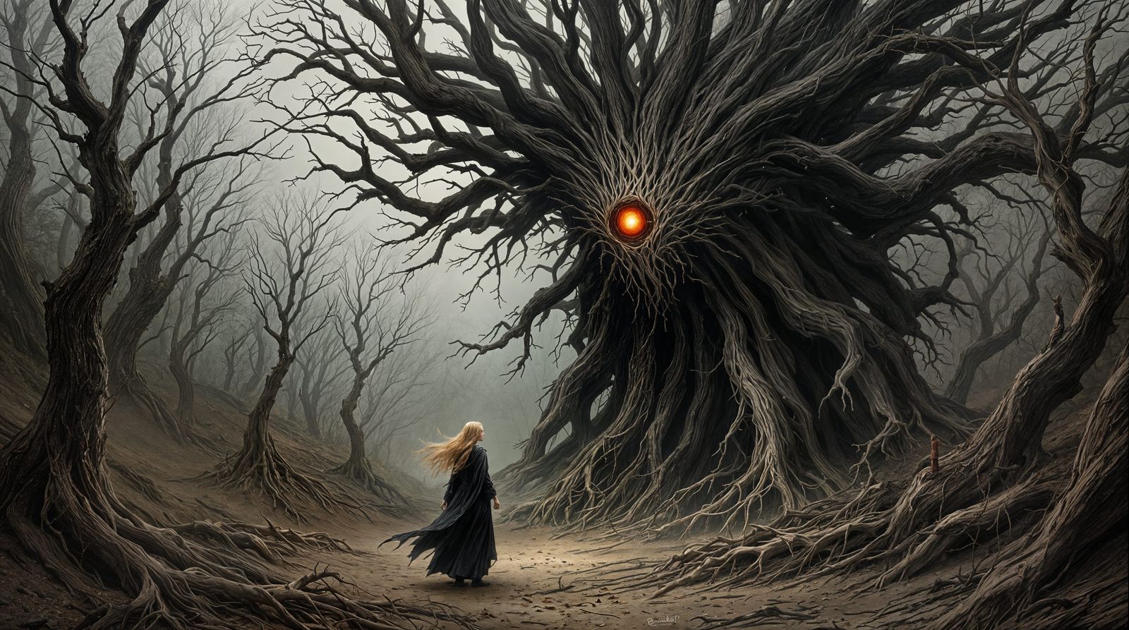 Ethereal Confrontation in a Haunting Forest Landscape