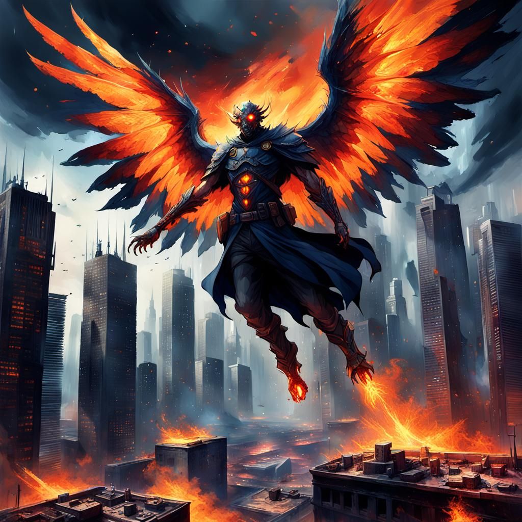 Winged Figure Above Cityscape in Dark Fantasy Style