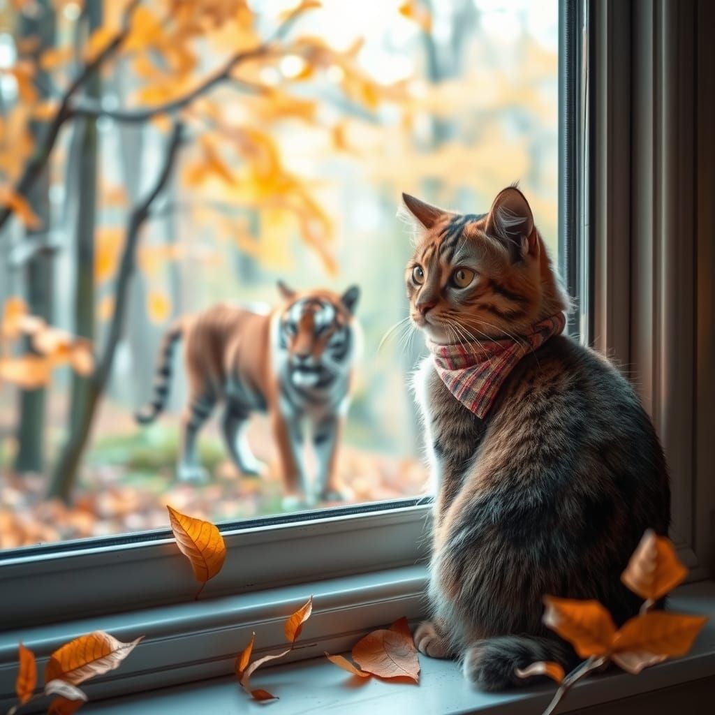 Autumn Cat Watching Tiger: A Surreal Scene