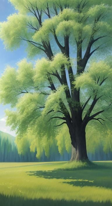 A watercolor painting created with broad brushstrokes and a lot of water, depicting a beautiful linden tree (lipa) stand...