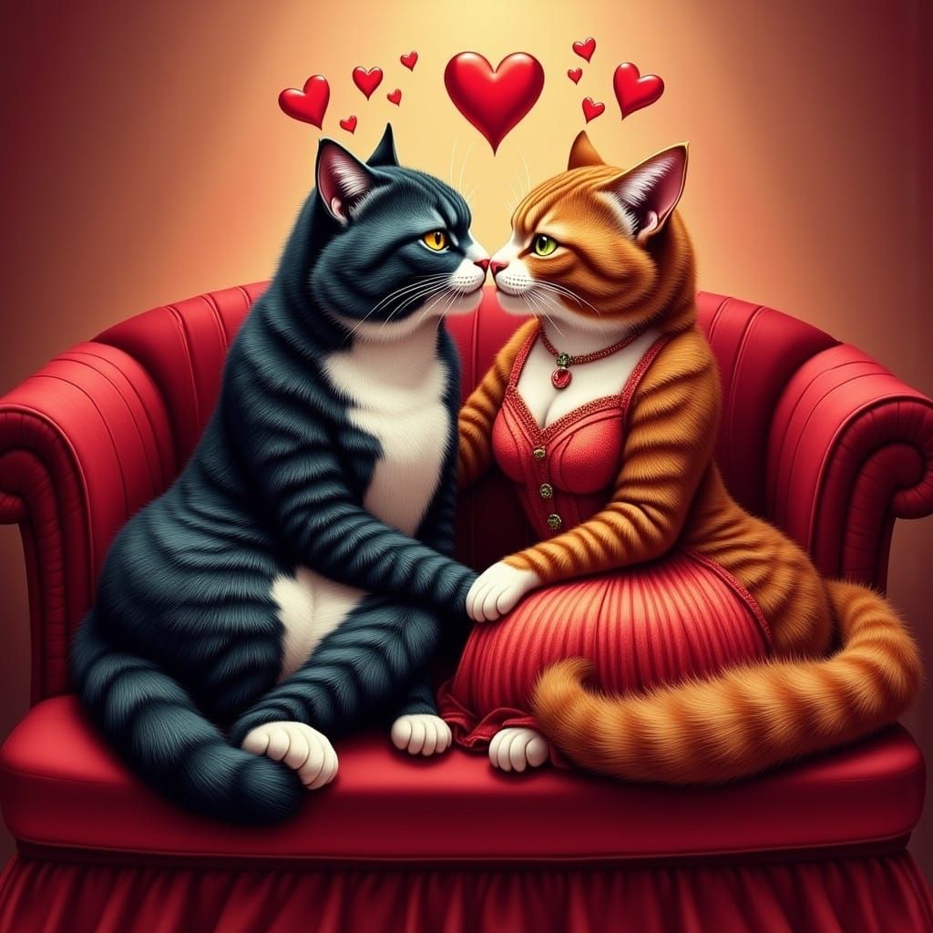 Anthropomorphic Cat Couple on Valentine's Day