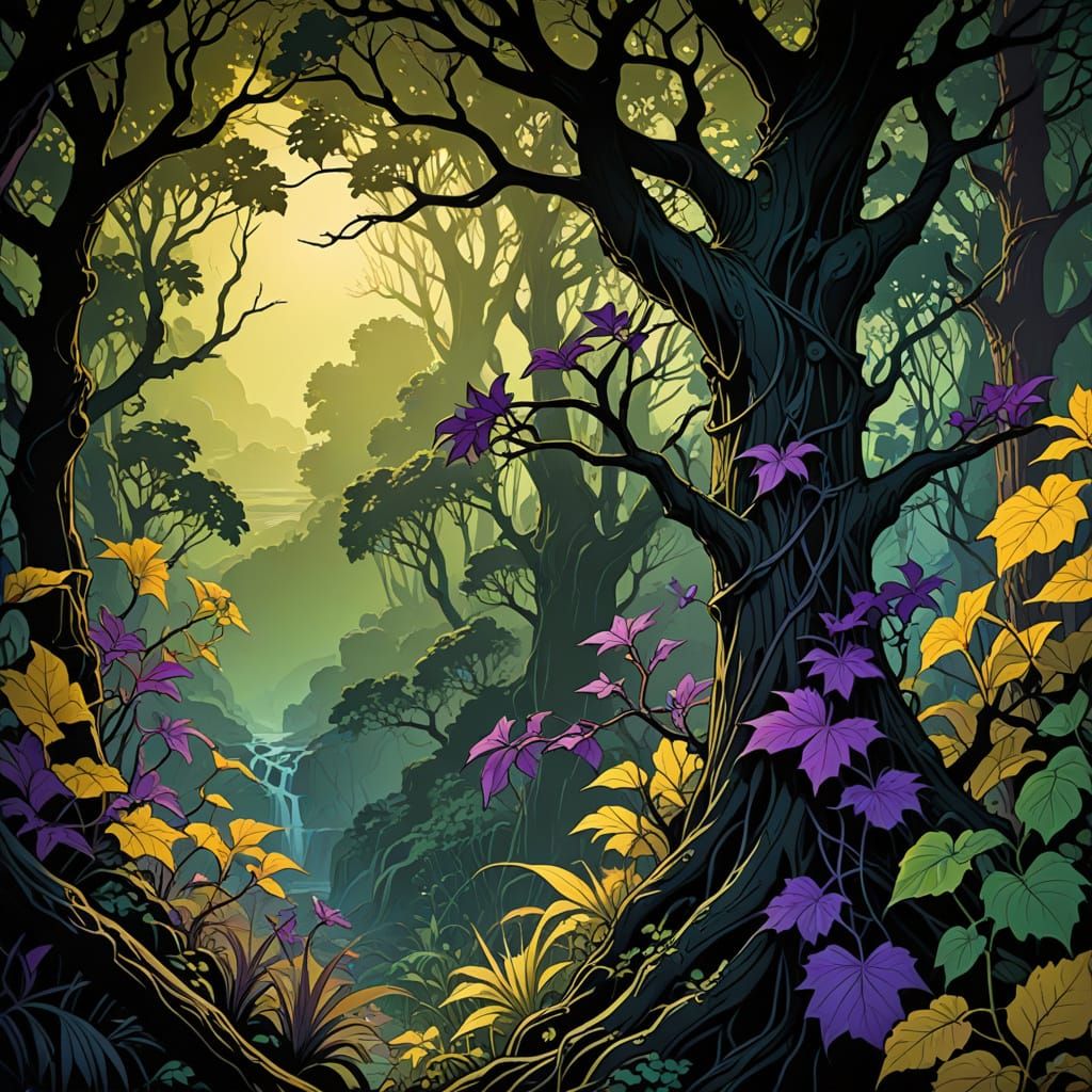 Dark Fantasy Jungle Masterpiece in Brilliant Green Light