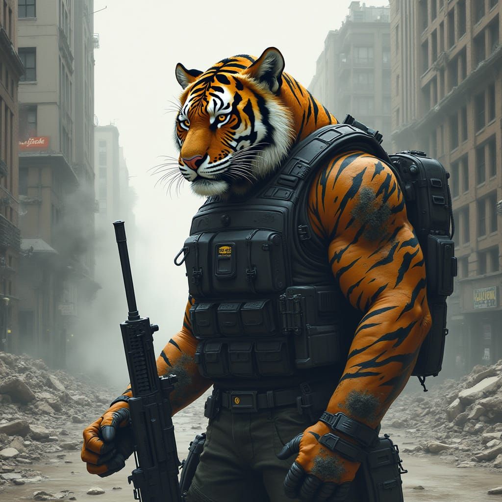 Dark Cyberpunk Cityscape with Tiger Hybrid Warrior