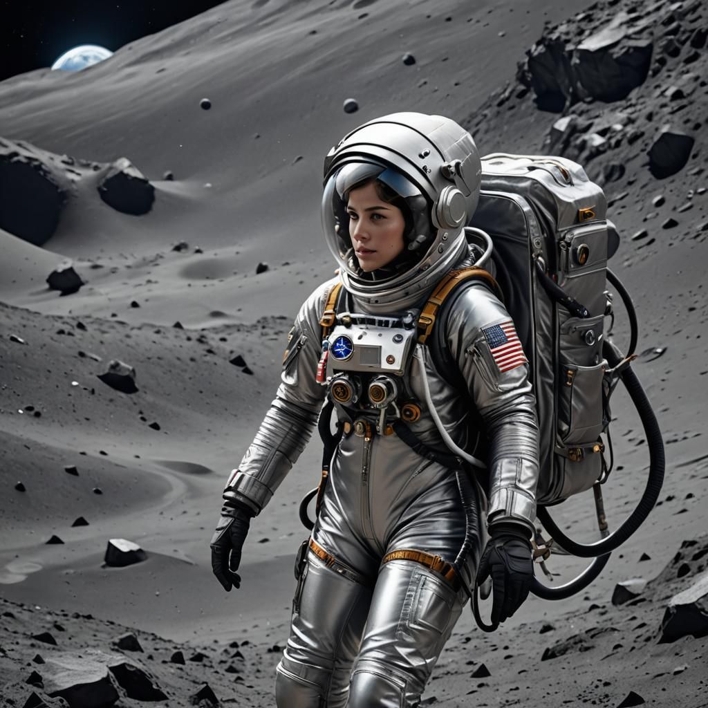 004 A beautiful female astronaut wearing a silver spacesuit on the moon.