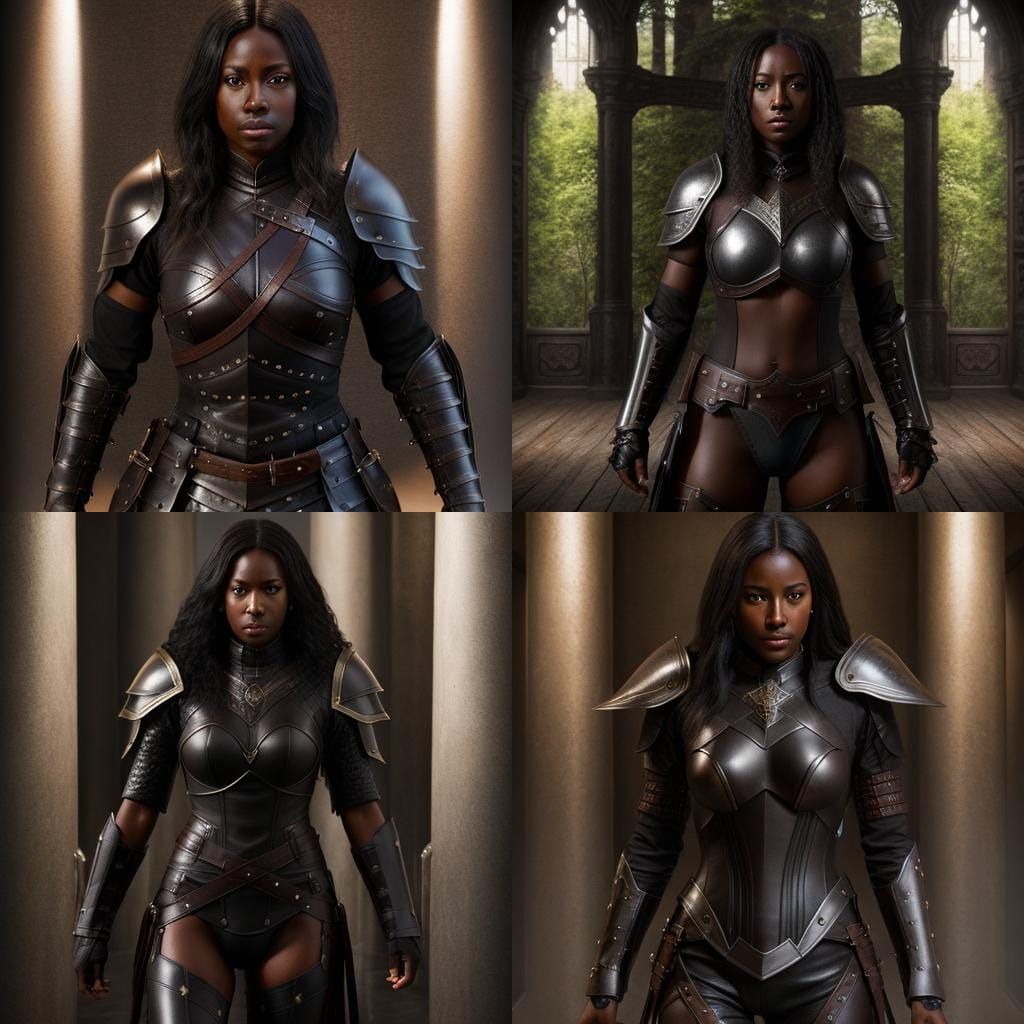 Dark Skinned Woman in Leather Armor, Hyperrealistic