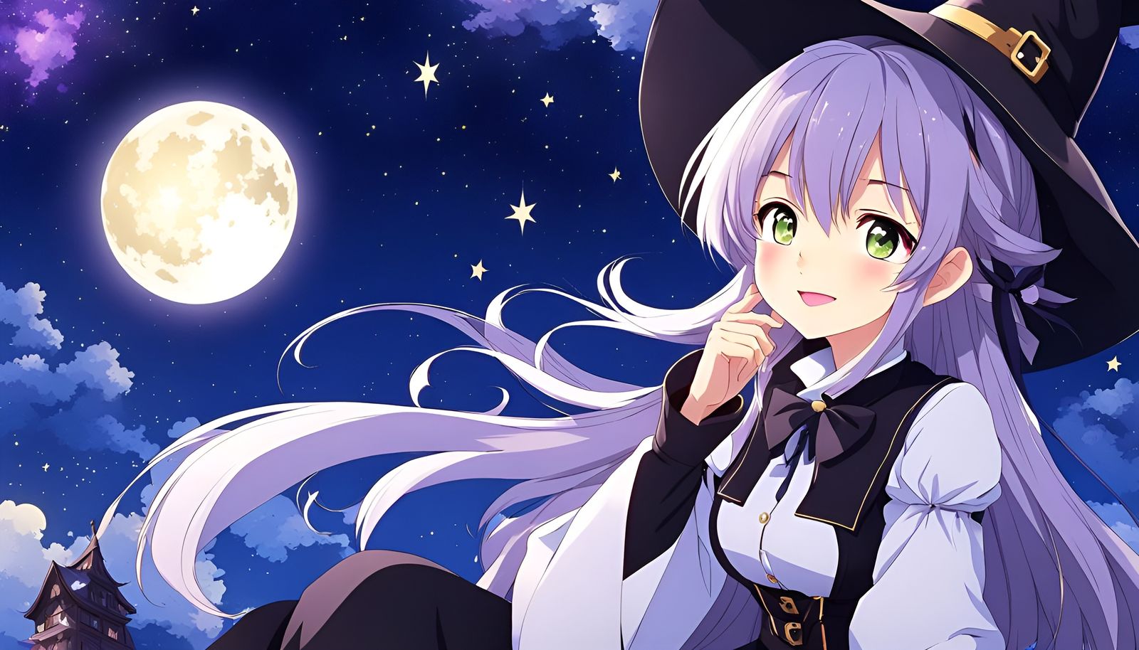 Anime Witch Gazing at Stars by Moonlight