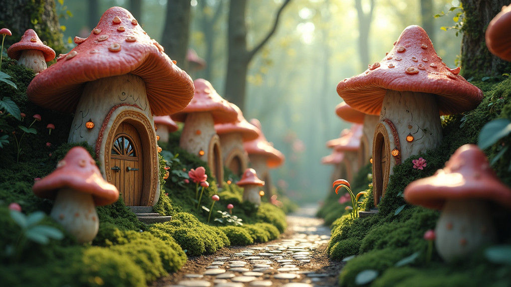 Enchanted Mushroom Village with Cobblestone Streets