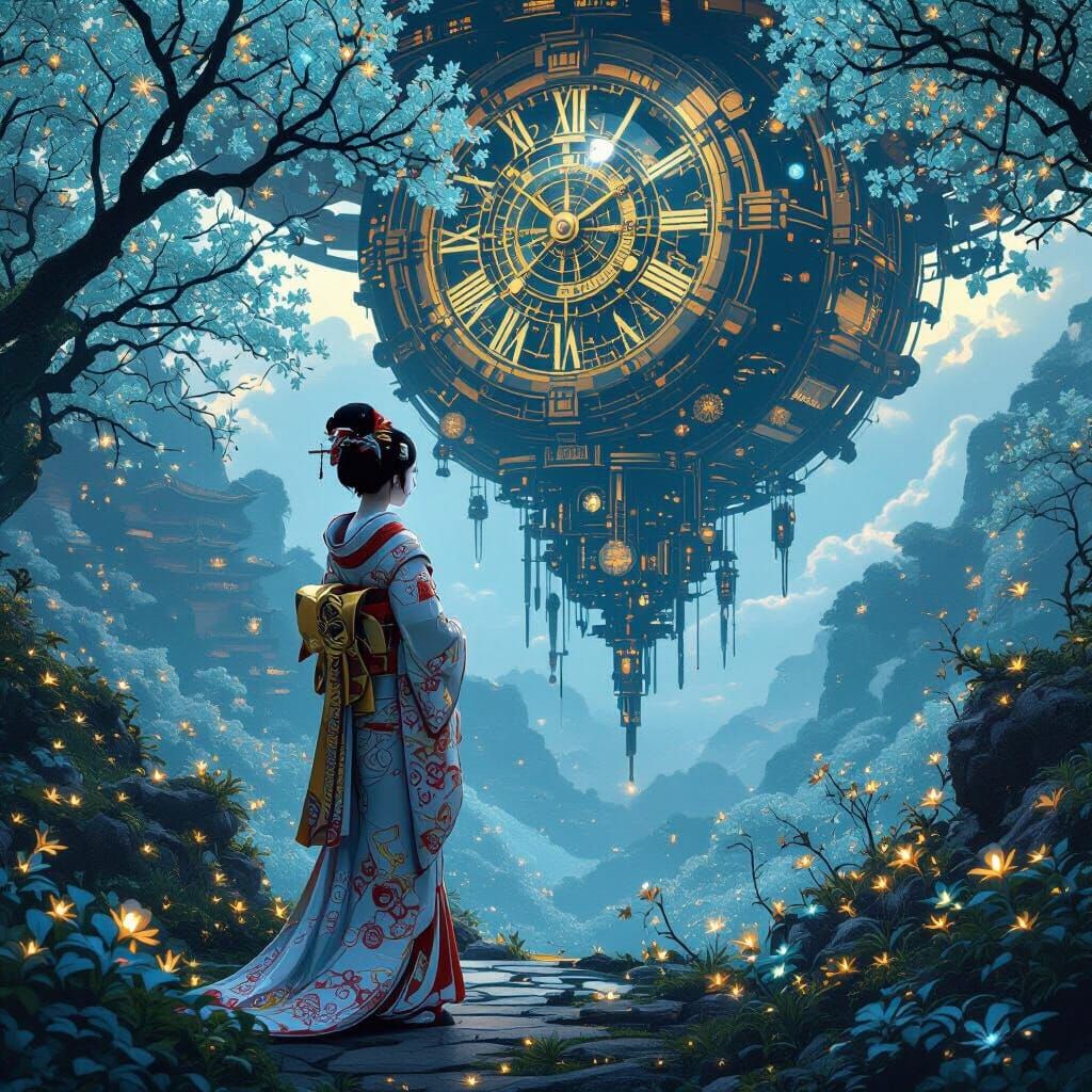 Android Geisha in Bioluminescent Grove, Matte Painting