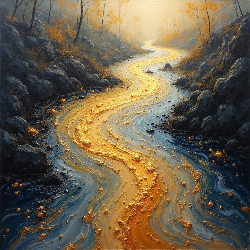 Molten Gold and Silver River in Abstract Expressionist Style