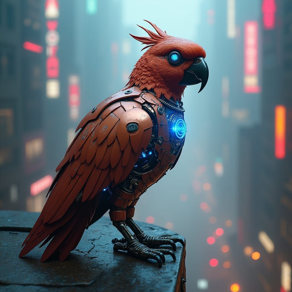 Metallic Cyborg Parrot on Dystopian Cityscape