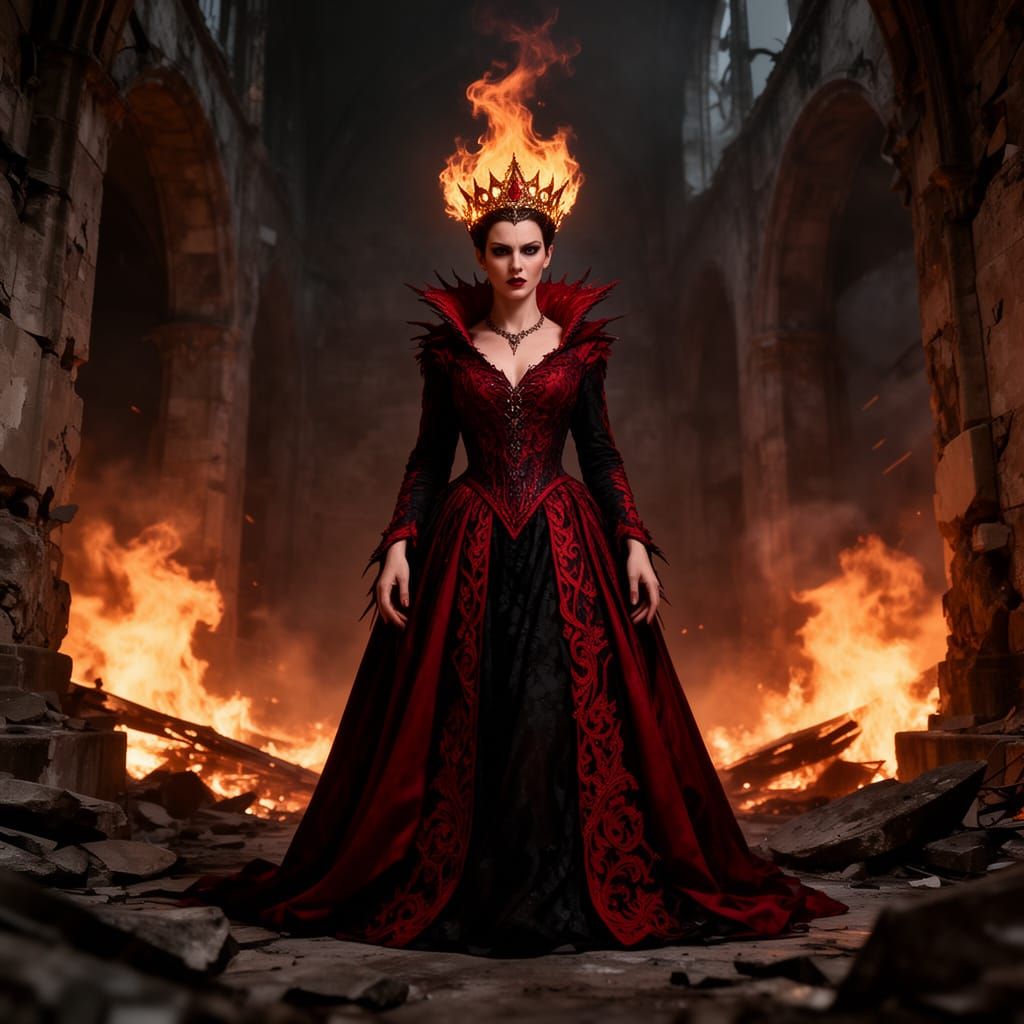 Evil Queen With Fiery Crown in Ruined Castle