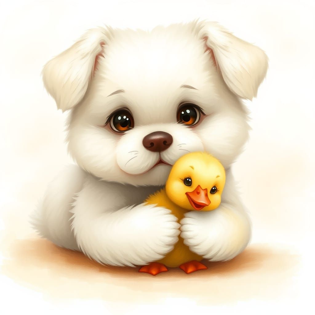 Whimsical Friends: Fluffy Dog and Duckling Hug