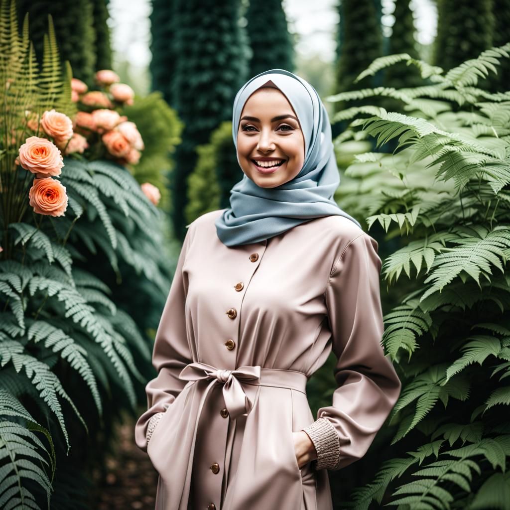 German Woman in Hijab in a Rose Garden