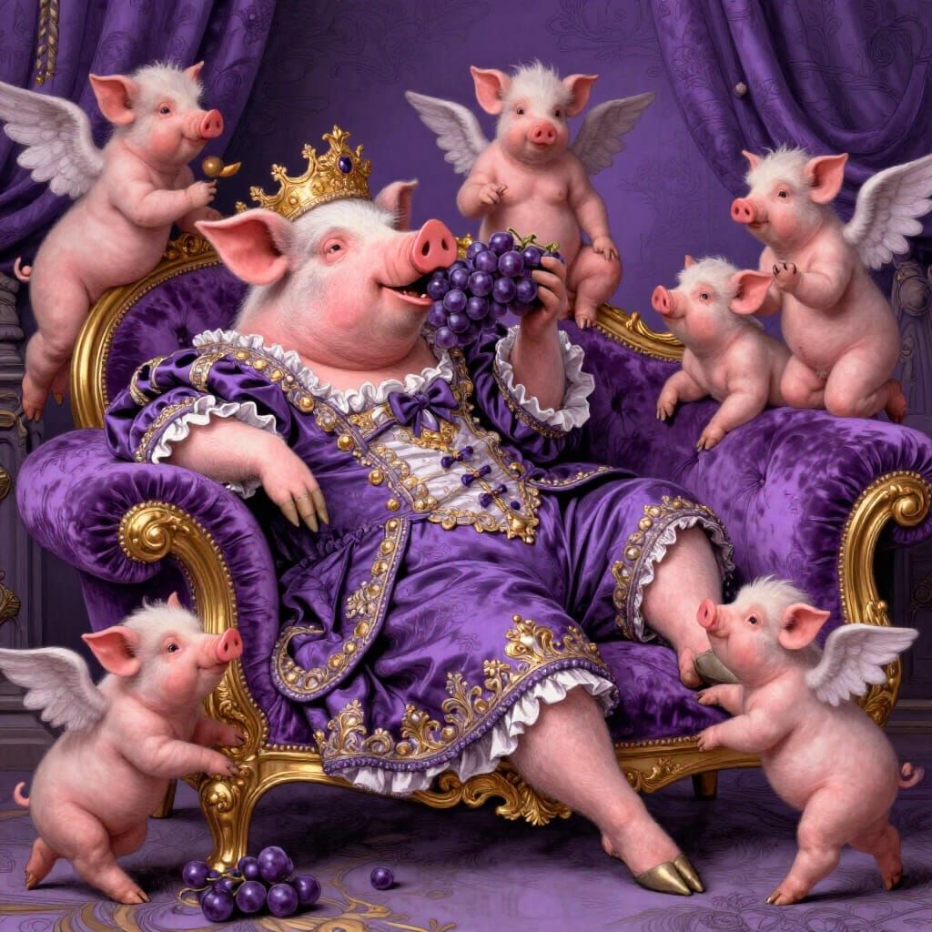 Opulent Pig Man in Baroque Gown with Cherubic Piglets