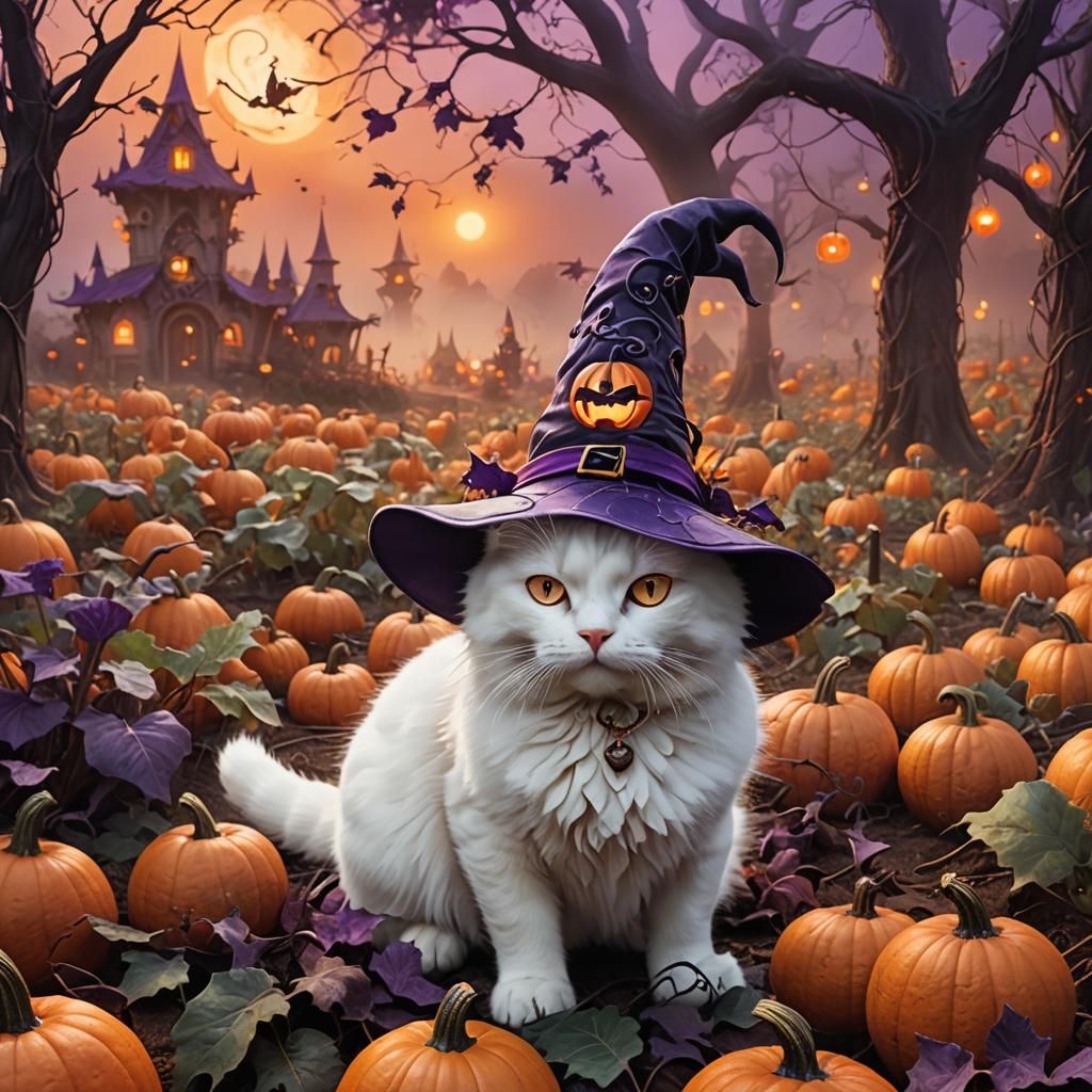 White Cat in Witch Hat, Fantasy Concept Art