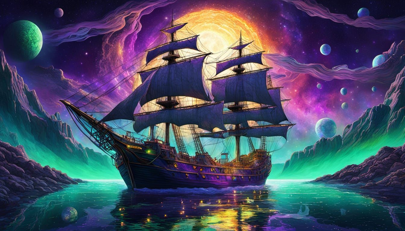Cosmic Sailing Ship in Surreal Fissure: Astral Illustration