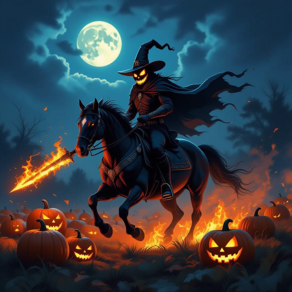 Headless Horseman Rides Through Moonlit Pumpkin Patch