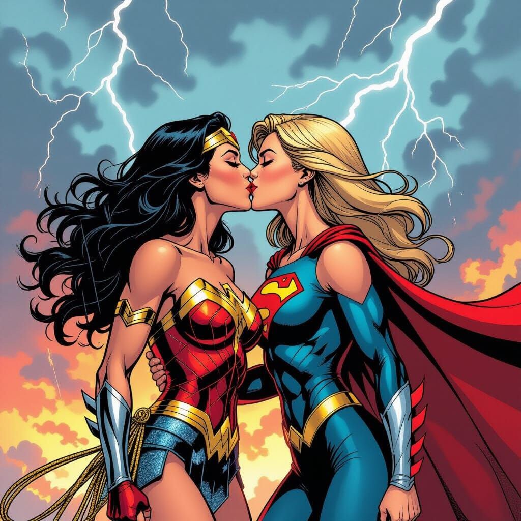 Superhero Trio in Passionate Embrace Under Stormy Sky