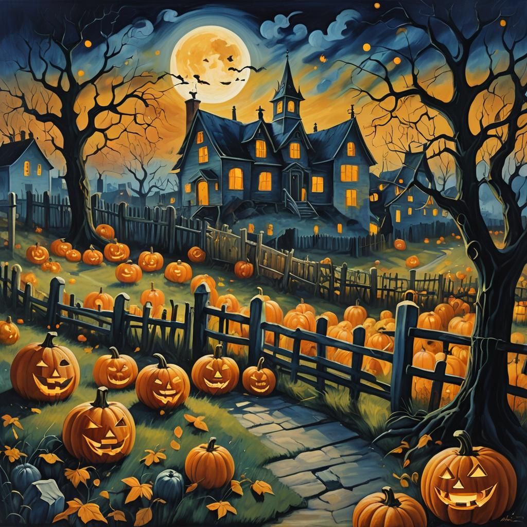 Spooky Halloween Jack-o-Lanterns: Fauvist Oil Painting