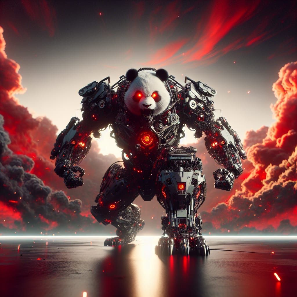 Fierce Mecha Panda Attack in a Sci-Fi Setting