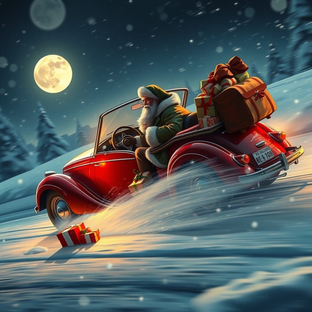 Nikolaus Speeds Through a Snowy Night in a Vintage Cherry-Re...