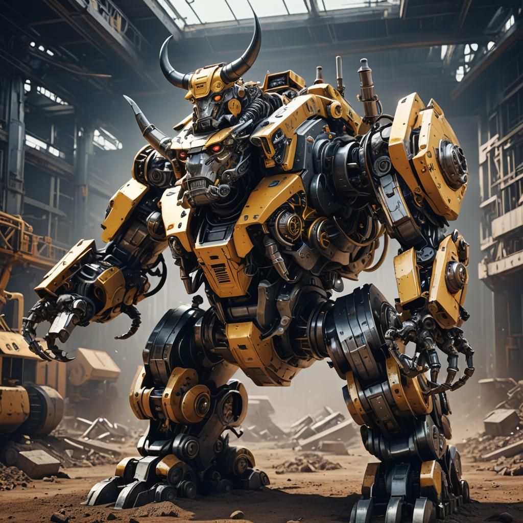 Futuristic Bull Robot in Sci-Fi Landscape