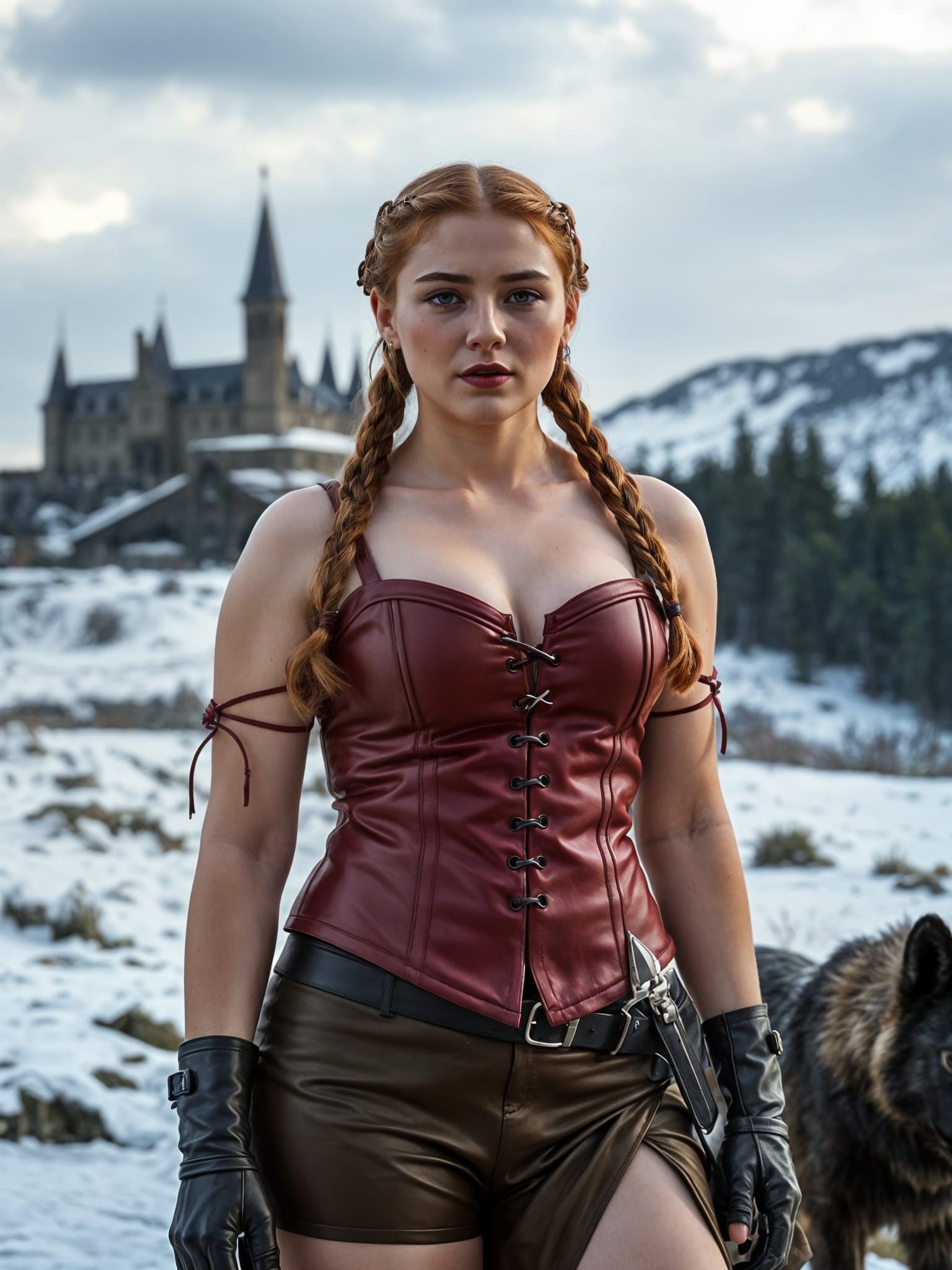 Realistic looking Sansa Stark with brades in her hair, blush...