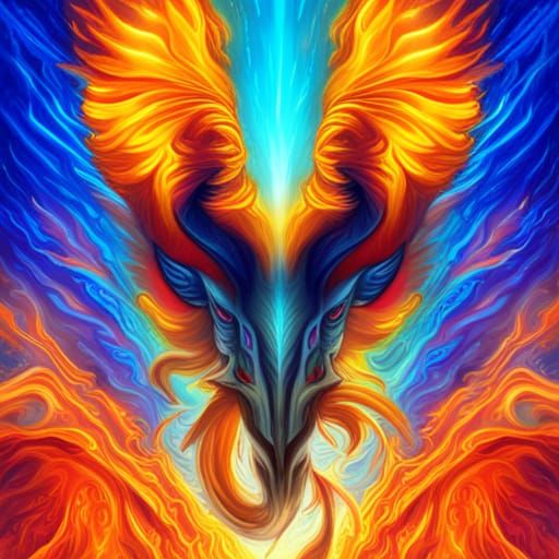 Psychedelic Phoenix Rising from Flaming Horns